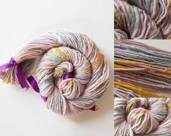 Handspun pastel pink art yarn / 50g single ply / merino / silk / luxury knitting /crochet / pale pink / pale blue / pale grey / yellow