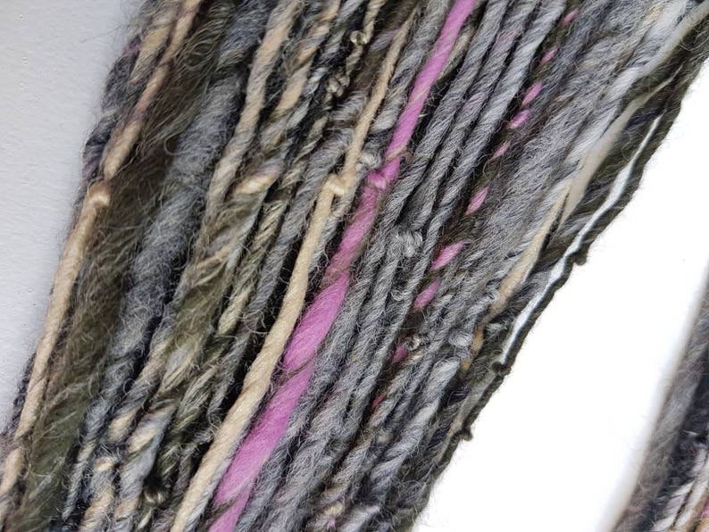 Handspun grey art yarn / 110g single ply / luxury knitting / crochet / pale grey / honey / raspberry pink / black / merino / silk image 2