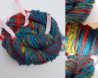 Handspun blue yarn art yarn loved by the sun turquoise fire yellow orange sunset sky burning merino 50g singles knitting crochet silk