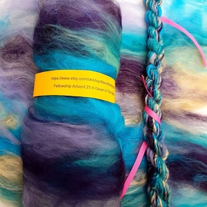 May include: A skein of blue, purple, and white wool roving with a braid of blue, white, and yellow yarn tied with a pink ribbon. The label reads "Fellowship Advent 25 A Gleam in The Night".
