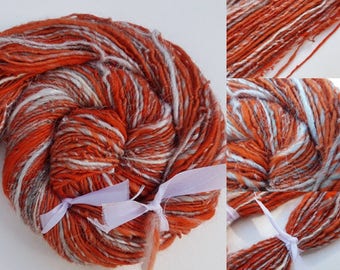 Handspun orange art yarn merino silk alpaca 110g singles luxury knitting crochet Tangerine grey white sparkle silver