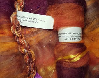 Wonderland Art Batt / 16. El Grifo / Caramelo / Marrón / Borgoña / Crema / Oro / Café / Nuez / 50g / Merino / Seda / Hilado / Fieltro