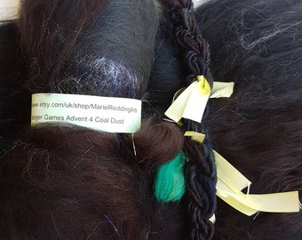 Handcarded Black Art Batt: Coal Dust, Silver Fiber for Spinning, Felting (50g)