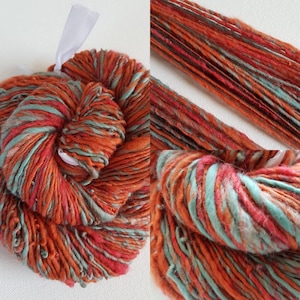 Handspun Merino Silk Art Yarn, Orange Teal, 50g Luxury Single Ply