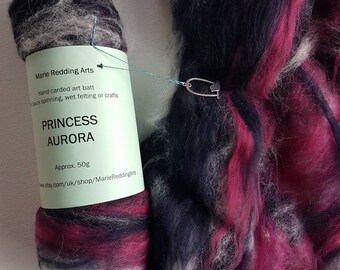 Princess Aurora Art Batt: Merino Silk Fiber for Spinning, Felting (50g)