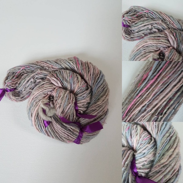 Handspun grey art yarn / 110g single ply /luxury knitting / luxury crochet / pale grey / raspberry silk / rose pink / pastel / silver