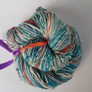 Handspun Art Yarn: Blue, Orange, Silk & Merino Wool, 110g
