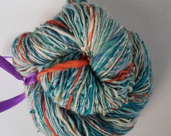 Handspun blue art yarn soft 50g singles luxury knitting crochet pale blue white orange sky blue turquoise cobalt silk merino thick and thin