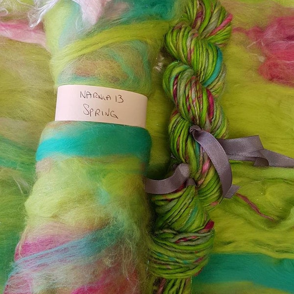 Narnia Art Yarn / Handspun Yarn / 13 Spring In The Wood / Green / Pink / Pastel / Turquoise / Single Ply / 110g / Knitting / Luxury Crochet