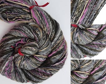 Handspun grey art yarn / 110g single ply / luxury knitting / crochet / pale grey / honey / raspberry pink / black / merino / silk