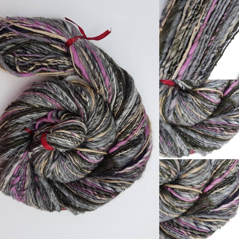 Handspun grey art yarn / 110g single ply / luxury knitting / crochet / pale grey / honey / raspberry pink / black / merino / silk image 1