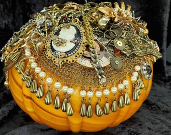 Jeweled pumpkin, "STEAM PUNKIN", steampunk, centerpiece, jeweled pumpkin,  rhinestone, repurposed, owl, Thanksgiving.