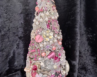 Jeweled Christmas Tree, RESERVED- CUSTOM ORDER, "Pink Bouquet", Rhinestone, unique gift, Victorian, elegant, repurposed jewelry.