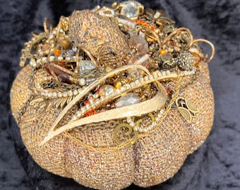 Jeweled pumpkin, "KAY PUMPKIN" gold, rhinestone jewelry, repurposed, heirloom, birthday centerpiece, unique, harvest, anniversary