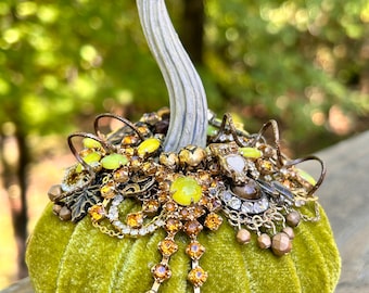 Jeweled pumpkin, "VELVET PUMPKIN" gold, rhinestone jewelry, repurposed, heirloom, birthday, centerpiece, unique, harvest, Thanksgiving