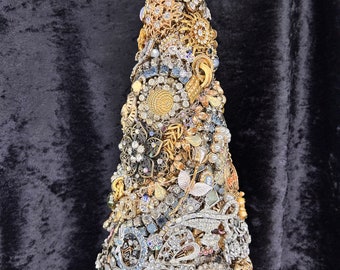 Jeweled Christmas tree, "ROSE GARDEN", Unique gift, elegant, Vintage, romantic, Heirloom, repurposed, tabletop tree, sparkle.