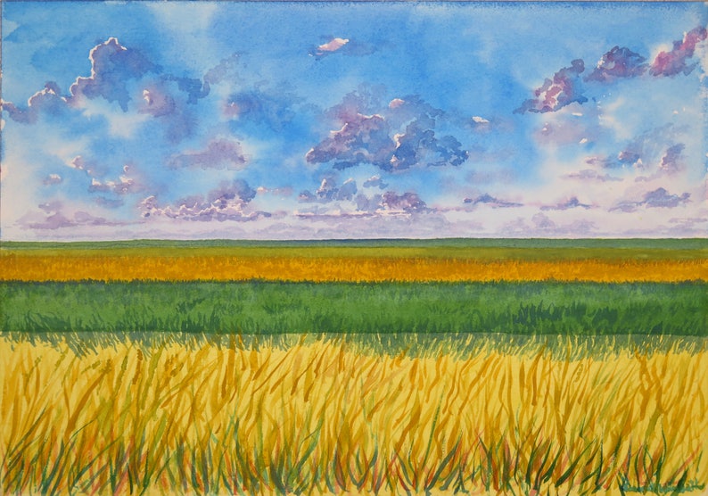 Peinture à Laquarelle Prairie De Champs De Hautes Herbes Et Etsy