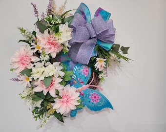 Blue Butterfly Wreath, Spring Summer Door Decor, Pink Front Door Decorations