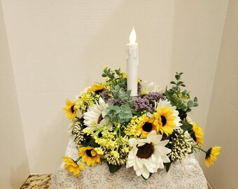 Sunflower Candle Centerpiece for Table,  Floral Flame Less Candle Holder, Sunflower Candle Arrangement