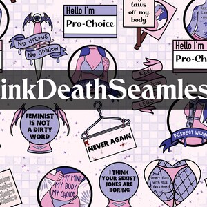 Pastel Goth Pro-Choice Feminist Seamless Pattern | Feminism, LGBTQIA+, Women's Rights | FREE Coordinating PNG | Hand-Drawn | Commercial Use
