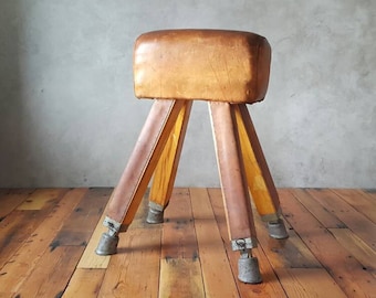 Leather Bench,Pommel Horse,Vintage, Geniune Leather with Beautiful Aged Patina,Settee,Mid Century Modern, Home Decor,Vintage Gym Equipment,