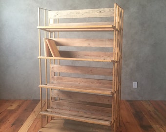 Vintage Metal and Wood shelf on wheels,Barnwood,Weathered wood,chippy paint,Store Display Case,Bookshelf,Organizer,Cart,rack with wheels