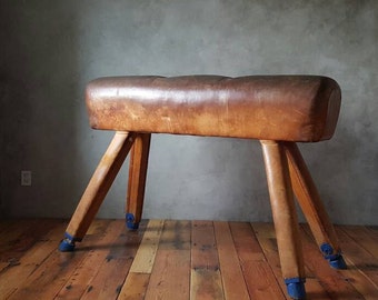 Leather Bench,Pommel Horse,Vintage, Genuine Leather with Beautiful Aged Patina,Settee,Mid Century Modern, Home Decor,Vintage Gym Equipment,