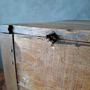 May include: A wooden chest with a hinged lid and a metal latch. The chest is made of dark wood and has a distressed finish. The chest is covered in small holes, possibly from insect damage.