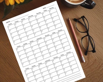 3-Monats-Kalender | Druckbares Planer Blatt | 8.5X11 Letter Größe | Undatierter Monatsplaner | 90 Tage Ziele-Planer