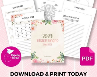 2024 Vision Board Planner Printable | 48 Page Bundle | 8.5x11 US Letter PDF | Printable Planner | Manifesting | Affirmations