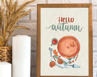 Arte de pared imprimible de Hola Otoño / Decoración de otoño / Arte de café de moda / Decoración de temporada / Decoración del hogar de otoño / Arte de apartamento / Arte de pared de cocina