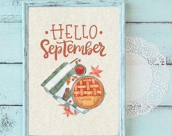Arte de pared imprimible con el lema Hola septiembre / Decoración de otoño / Arte de café de moda / Decoración de temporada / Decoración del hogar de otoño / Arte para apartamentos / Arte de pared para cocina