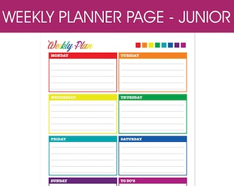 Rainbow Journal Weekly Printable Planner Page, Junior Half Size, Planners Inserts, 8.5 X 5.5, Colorful Pretty Cute Happy