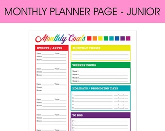 Rainbow Journal Monthly Printable Planner Page, Junior Half Size, Planners Inserts, 8.5 X 5.5, Colorful Pretty Cute Happy