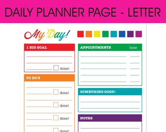 Rainbow Journal Daily Printable Planner Page, US Letter Size 8.5 X 11, Planners Inserts, Colorful Pretty Cute Happy