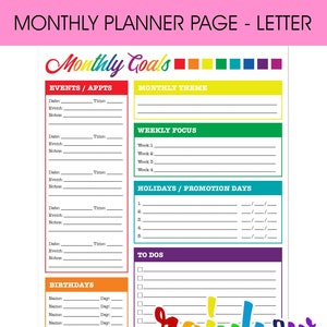 Rainbow Journal Monthly Printable Planner Page, US Letter Size 8.5 X 11, Planners Inserts, Colorful Pretty Cute Happy image 1