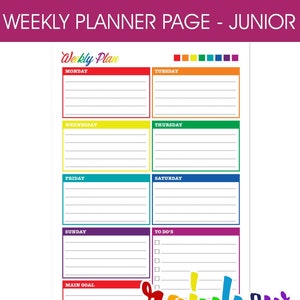 May include: A colorful weekly planner page with the text "Weekly Planner Page - Junior." The planner features sections for each day of the week, a "To Do's" section, and a "Main Goal" section. The "Rainbow Journal" logo is at the bottom.