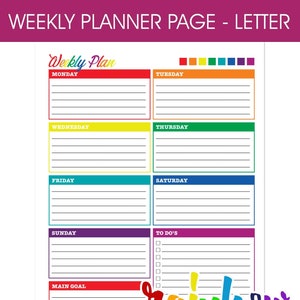 Rainbow Journal Weekly Printable Planner Page, US Letter Size 8.5 X 11, Planners Inserts, Colorful Pretty Cute Happy image 1