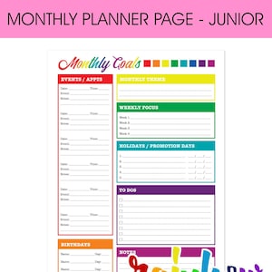 Page de planificateur imprimable mensuel Rainbow Journal, demi-taille junior, inserts de planificateurs, 8,5 X 5,5, coloré assez mignon heureux