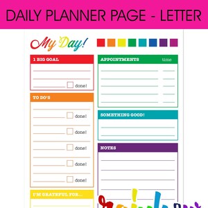 K&ouml;nnte beinhalten: Eine druckbare Tagesplanerseite mit Regenbogen-Thema. Die Seite ist in Abschnitte f&uuml;r "My Day!" mit einem gro&szlig;en Ziel, To-Dos, Terminen, etwas Gutem, Notizen und ich bin dankbar f&uuml;r unterteilt. Jeder Abschnitt hat ein Kontrollk&auml;stchen, um Aufgaben als erledigt zu markieren.