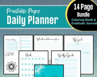 Planeringspaket | Utskrivbar tacksamhetsdagbok | Mandala-målarbilder | PDF digital nedladdning | Bokstav 8,5x11 | Blågrön