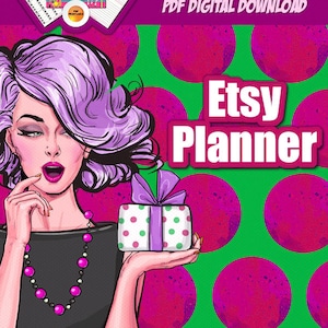 May include: A digital planner with a pink and green polka dot background. The planner features calendars, to-do lists, and other planner pages. The text "Etsy Planner" is in white letters on a pink background. The text "www.PaperlyPeople.com" is at the bottom of the image.