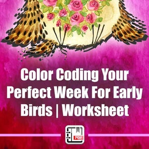 May include: A printable worksheet featuring a cartoon owl holding a bouquet of pink roses. The worksheet is titled "Color Coding Your Perfect Week For Early Birds | Worksheet" and includes a PDF icon.