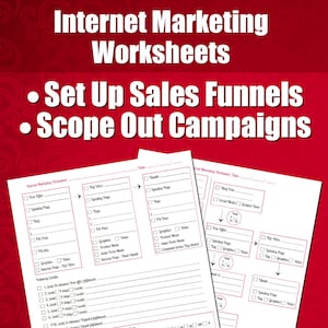 Pode incluir: Duas folhas de trabalho em preto e branco com caixas de seleção e campos de texto para configurar funis de vendas e definir o escopo das campanhas. As folhas de trabalho são intituladas "Internet Marketing Worksheets" e incluem o texto "Set Up Sales Funnels" e "Scope Out Campaigns".