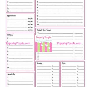 May include: A printable daily planner with sections for daily to-dos, appointments, 10 ideas, tasks and time, boughts, solds, and grateful for. The planner has a pink and green color scheme with a paper airplane graphic.