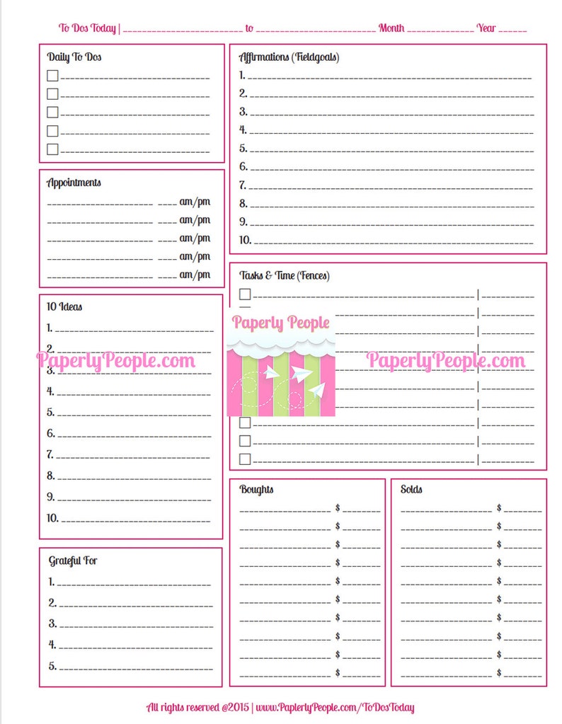 May include: A printable daily planner with sections for daily to-dos, appointments, 10 ideas, tasks and time, boughts, solds, and grateful for. The planner has a pink and green color scheme with a paper airplane graphic.
