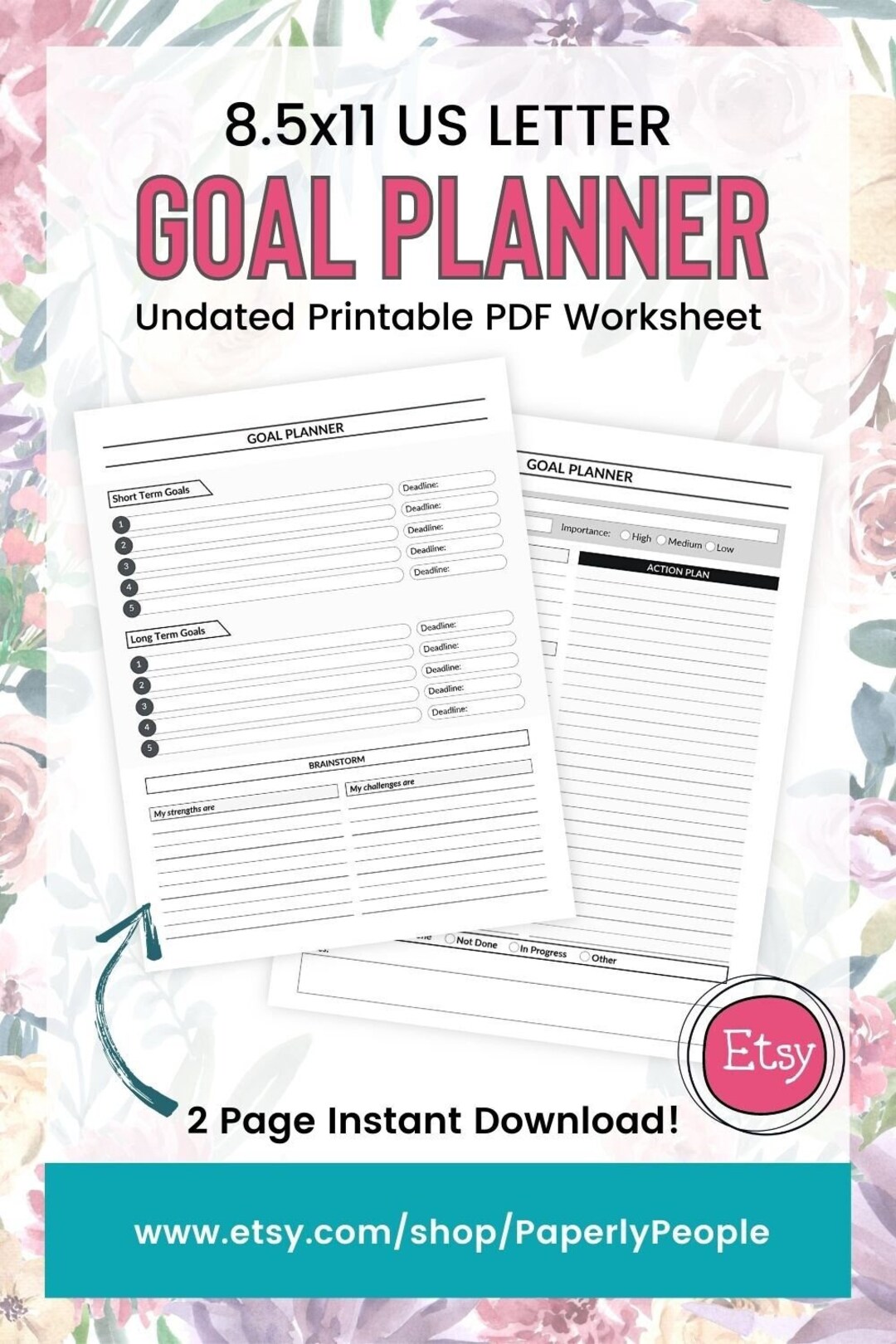 Printable Goal Planner – Minimalist Undated Goal Setting Worksheet for ...
