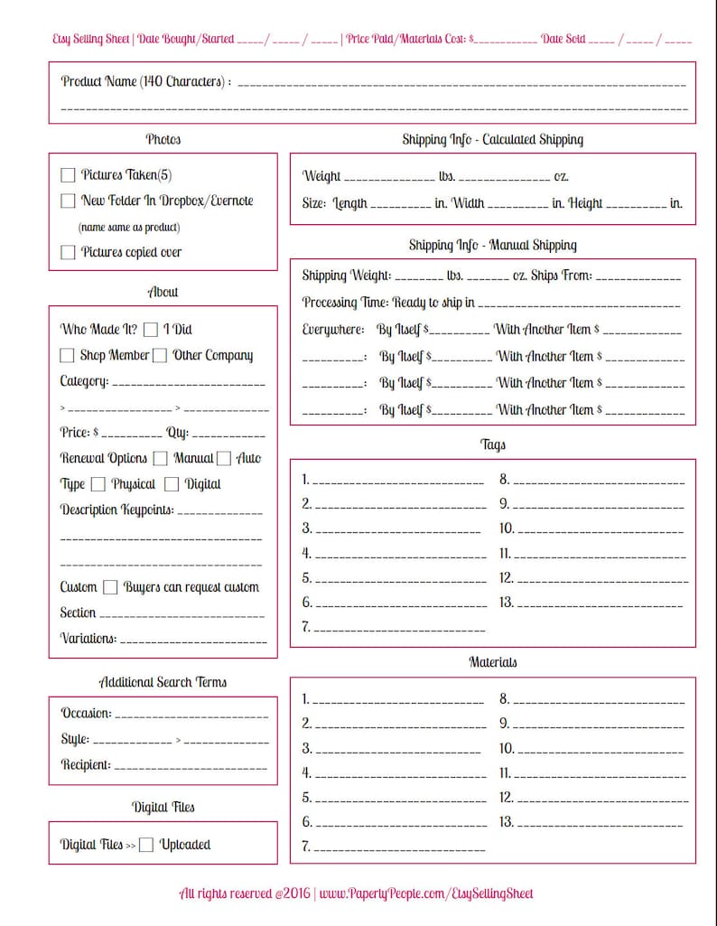 Etsy Products Listing Sheet Etsy Seller, Form, Listing Template, Etsy Template, For Etsy Sellers, Seller Tools, Etsy Tools, PDF Printable image 2