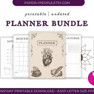 May include: A planner bundle with a vintage aesthetic. The central planner features a heart illustration. Additional pages include a savings tracker, monthly calendar, and an October calendar. The text reads "PLANNER BUNDLE" and "INSTANT PRINTABLE DOWNLOAD - 8.5X11 LETTER SIZE PDF".
