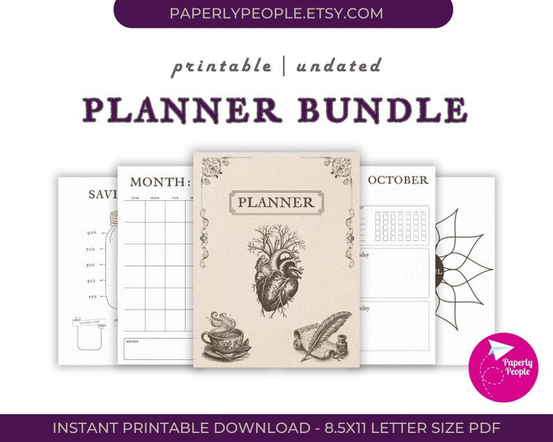 May include: A planner bundle with a vintage aesthetic. The central planner features a heart illustration. Additional pages include a savings tracker, monthly calendar, and an October calendar. The text reads "PLANNER BUNDLE" and "INSTANT PRINTABLE DOWNLOAD - 8.5X11 LETTER SIZE PDF".